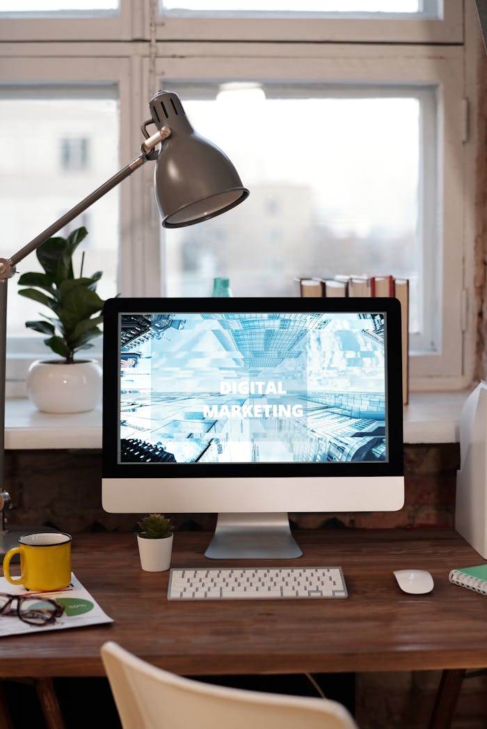 Crafting Captivating Headlines: Your awesome post title goes here Contemporary home office desk with digital marketing screen, perfect for remote work inspiration.